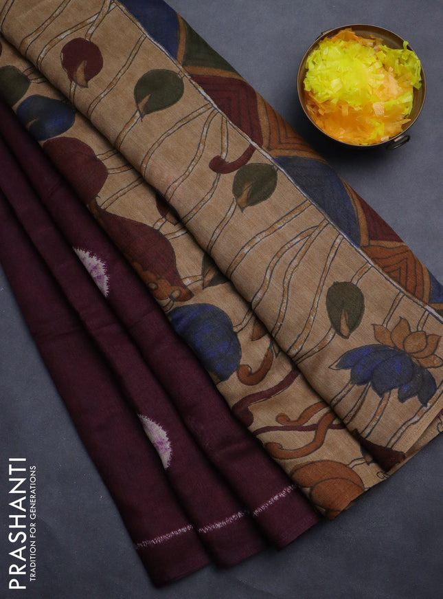 Semi linen saree wine shade with shibori butta prints and kalamkari printed pallu & blouse