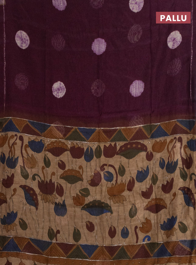 Semi linen saree wine shade with shibori butta prints and kalamkari printed pallu & blouse
