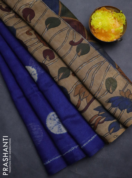 Semi linen saree blue and beige with shibori butta prints and kalamkari printed pallu & blouse