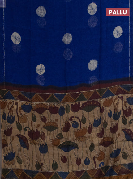 Semi linen saree blue and beige with shibori butta prints and kalamkari printed pallu & blouse