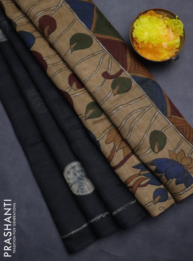 Semi linen saree elephant grey and beige with shibori butta prints and kalamkari printed pallu & blouse