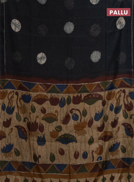 Semi linen saree elephant grey and beige with shibori butta prints and kalamkari printed pallu & blouse