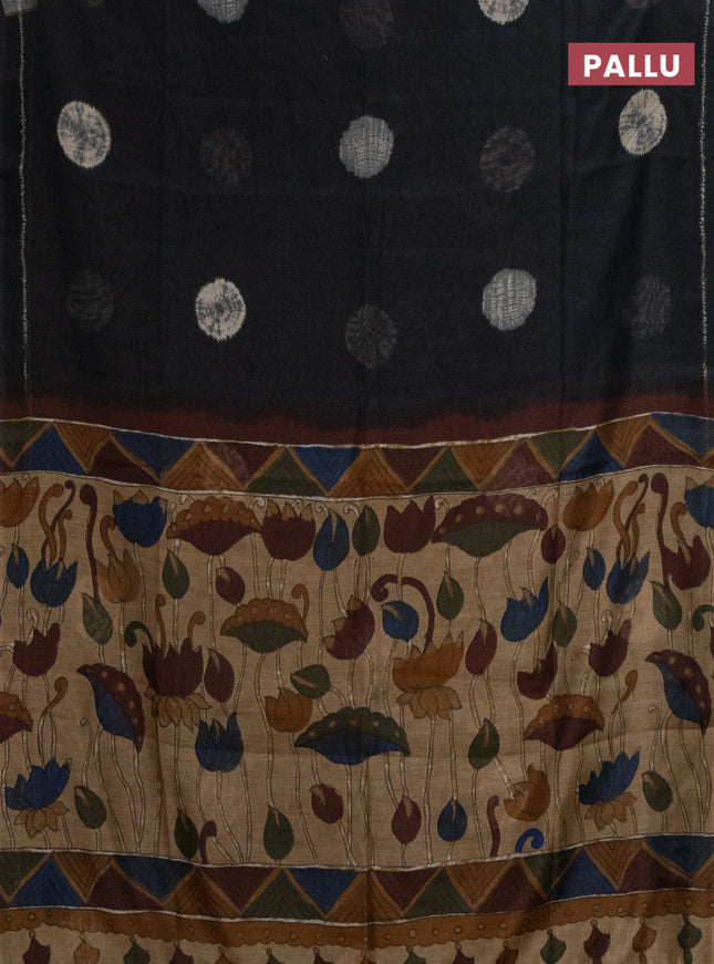 Semi linen saree elephant grey and beige with shibori butta prints and kalamkari printed pallu & blouse