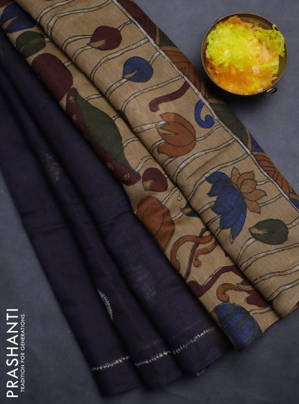 Semi linen saree navy blue and beige with shibori butta prints and kalamkari printed pallu & blouse