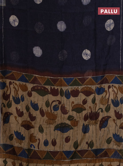 Semi linen saree navy blue and beige with shibori butta prints and kalamkari printed pallu & blouse
