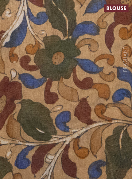 Semi linen saree navy blue and beige with shibori butta prints and kalamkari printed pallu & blouse