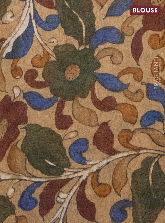 Semi linen saree navy blue and beige with shibori butta prints and kalamkari printed pallu & blouse