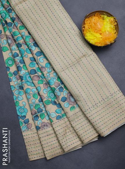 Semi tussar saree beige and teal green with allover kalamkari prints and katha stitch work pallu & border