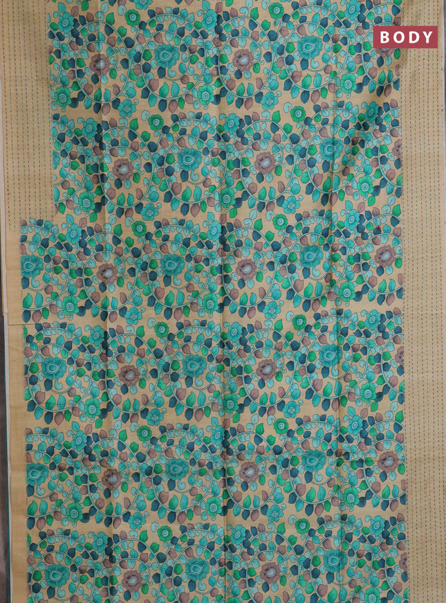 Semi tussar saree beige and teal green with allover kalamkari prints and katha stitch work pallu & border