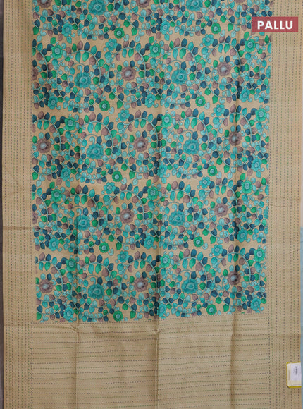 Semi tussar saree beige and teal green with allover kalamkari prints and katha stitch work pallu & border