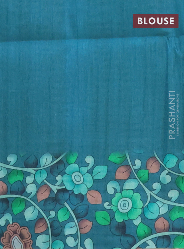Semi tussar saree beige and teal green with allover kalamkari prints and katha stitch work pallu & border