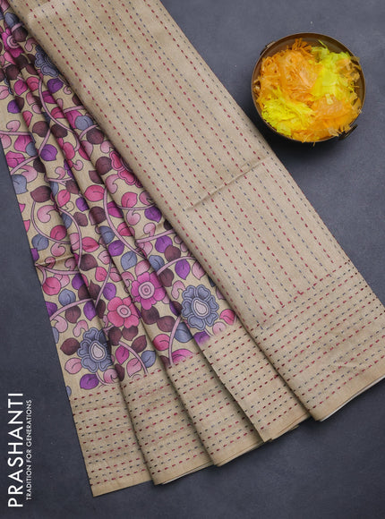 Semi tussar saree beige and coffee brown with allover kalamkari prints and katha stitch work pallu & border