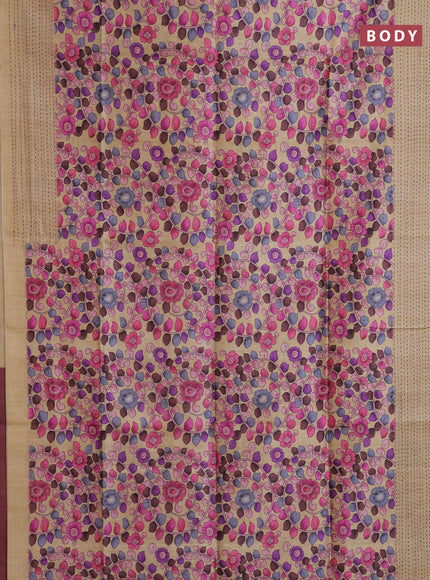 Semi tussar saree beige and coffee brown with allover kalamkari prints and katha stitch work pallu & border