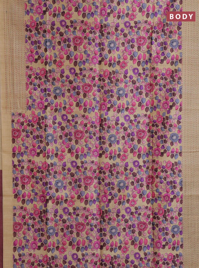 Semi tussar saree beige and coffee brown with allover kalamkari prints and katha stitch work pallu & border