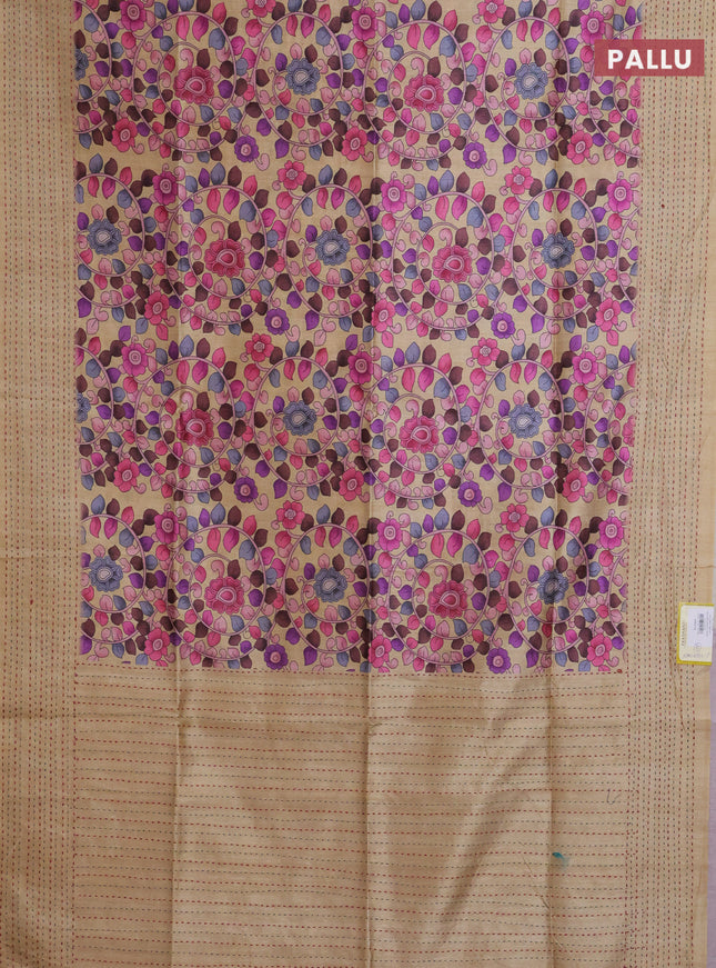 Semi tussar saree beige and coffee brown with allover kalamkari prints and katha stitch work pallu & border