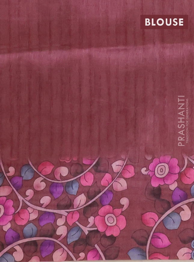 Semi tussar saree beige and coffee brown with allover kalamkari prints and katha stitch work pallu & border