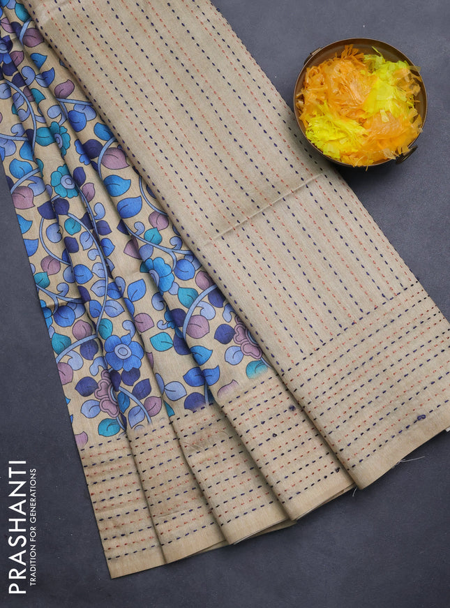 Semi tussar saree beige and blue with allover kalamkari prints and katha stitch work pallu & border