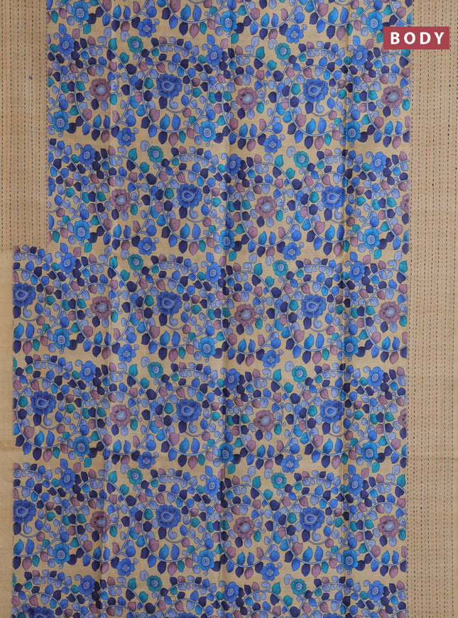 Semi tussar saree beige and blue with allover kalamkari prints and katha stitch work pallu & border