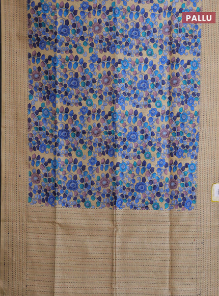 Semi tussar saree beige and blue with allover kalamkari prints and katha stitch work pallu & border