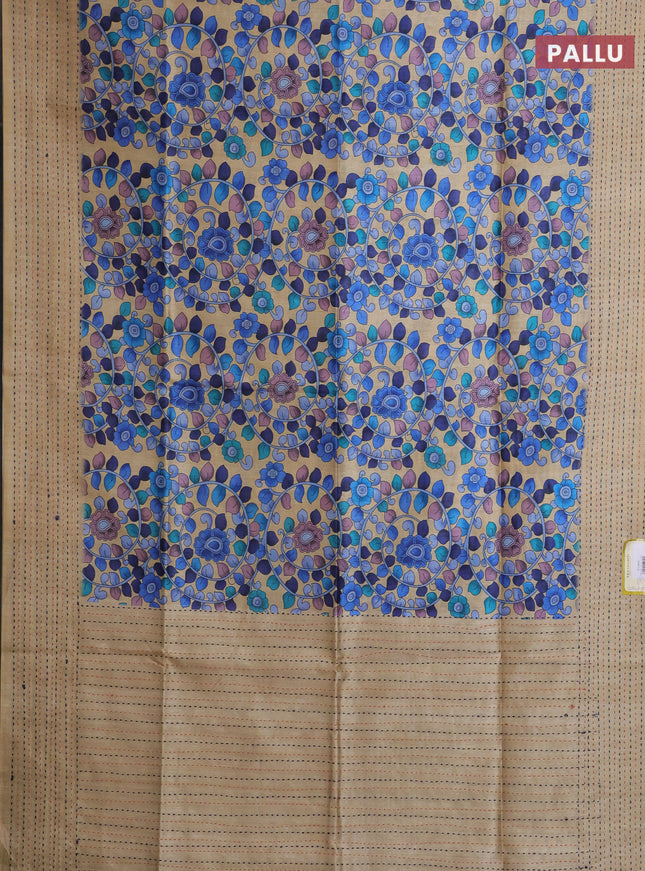 Semi tussar saree beige and blue with allover kalamkari prints and katha stitch work pallu & border