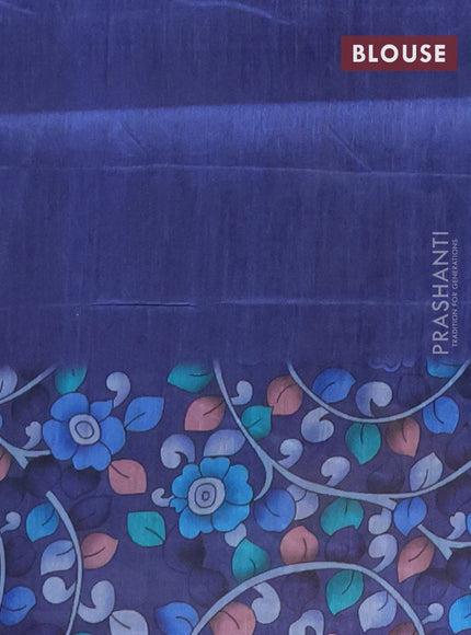 Semi tussar saree beige and blue with allover kalamkari prints and katha stitch work pallu & border