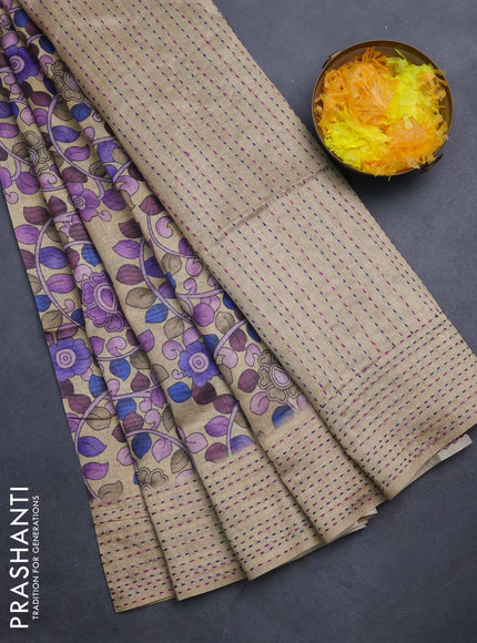 Semi tussar saree beige and purple with allover kalamkari prints and katha stitch work pallu & border