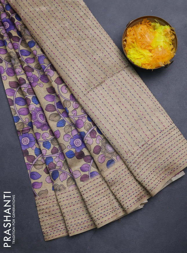 Semi tussar saree beige and purple with allover kalamkari prints and katha stitch work pallu & border