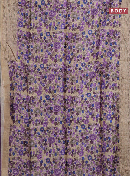 Semi tussar saree beige and purple with allover kalamkari prints and katha stitch work pallu & border