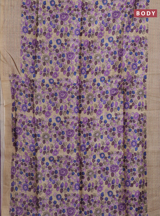 Semi tussar saree beige and purple with allover kalamkari prints and katha stitch work pallu & border