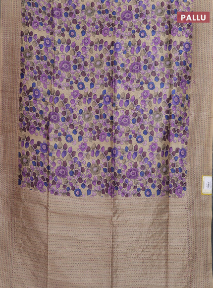 Semi tussar saree beige and purple with allover kalamkari prints and katha stitch work pallu & border
