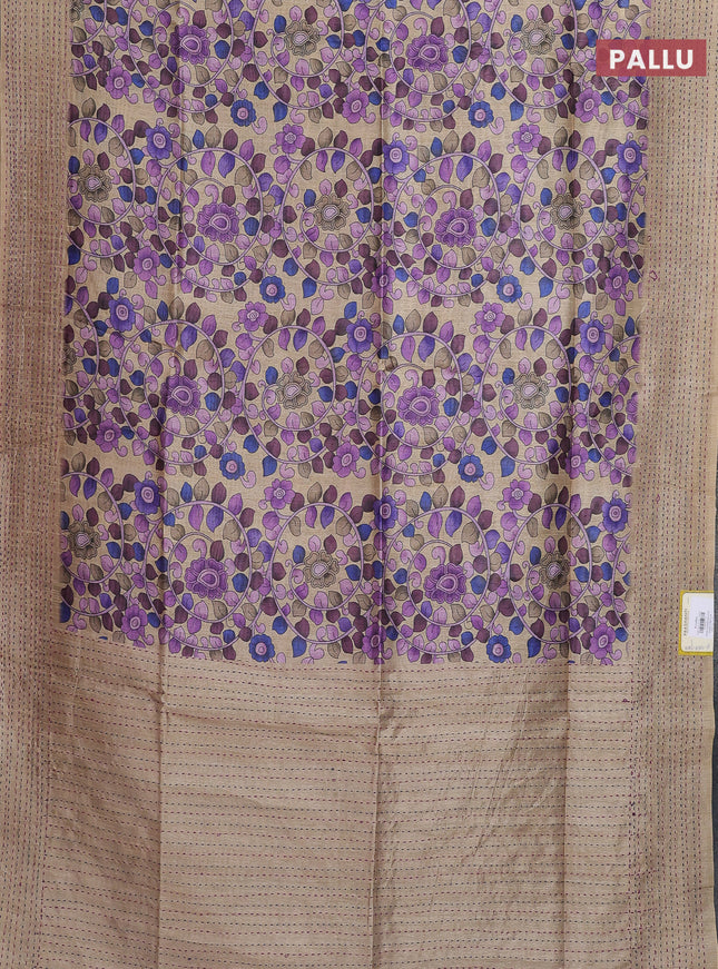 Semi tussar saree beige and purple with allover kalamkari prints and katha stitch work pallu & border