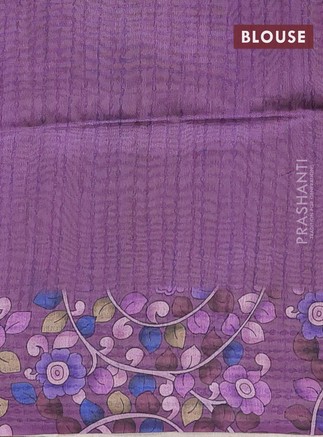 Semi tussar saree beige and purple with allover kalamkari prints and katha stitch work pallu & border