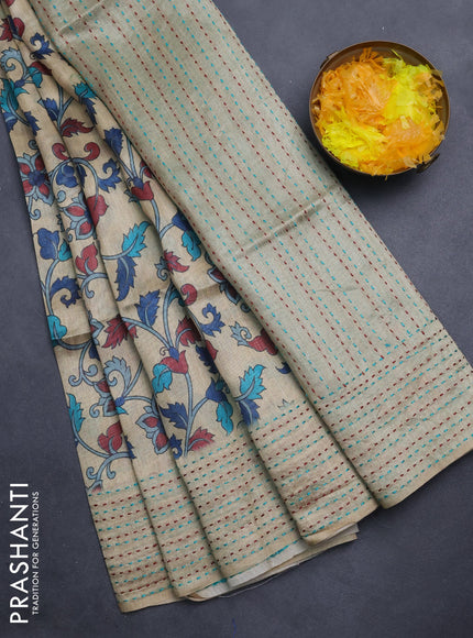 Semi tussar saree beige and teal blue with allover kalamkari prints and katha stitch work pallu & border