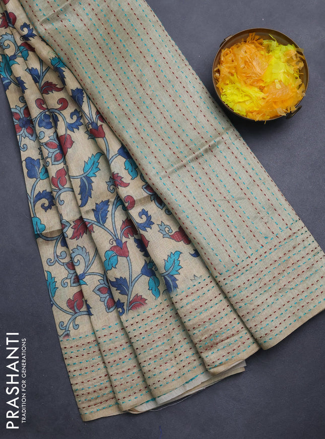 Semi tussar saree beige and teal blue with allover kalamkari prints and katha stitch work pallu & border