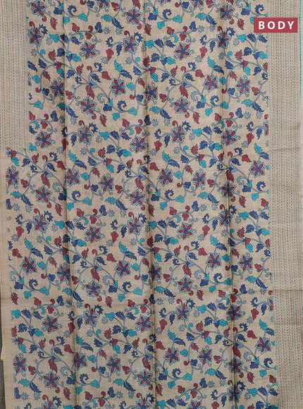 Semi tussar saree beige and teal blue with allover kalamkari prints and katha stitch work pallu & border