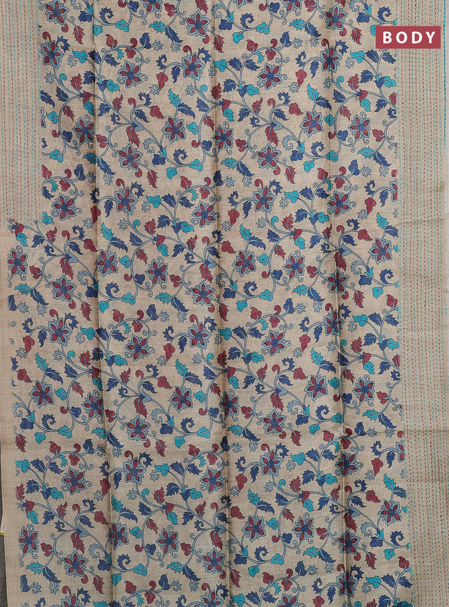 Semi tussar saree beige and teal blue with allover kalamkari prints and katha stitch work pallu & border