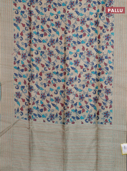 Semi tussar saree beige and teal blue with allover kalamkari prints and katha stitch work pallu & border