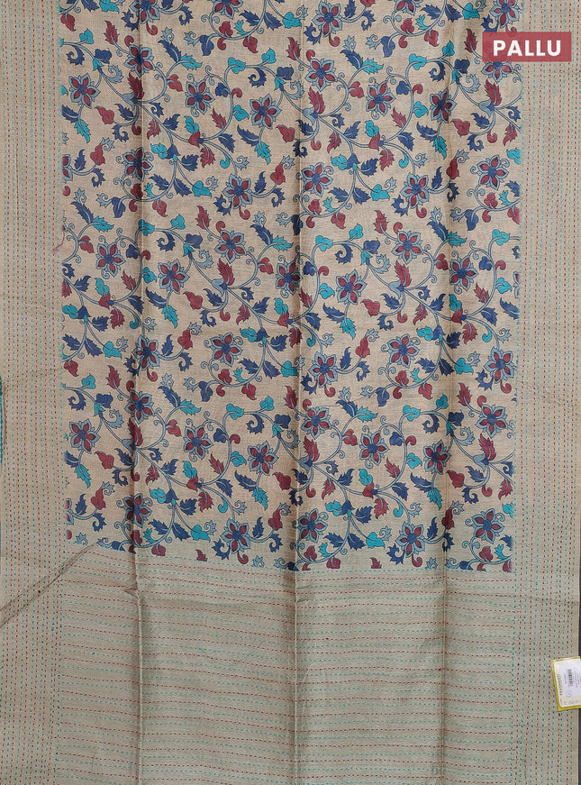 Semi tussar saree beige and teal blue with allover kalamkari prints and katha stitch work pallu & border
