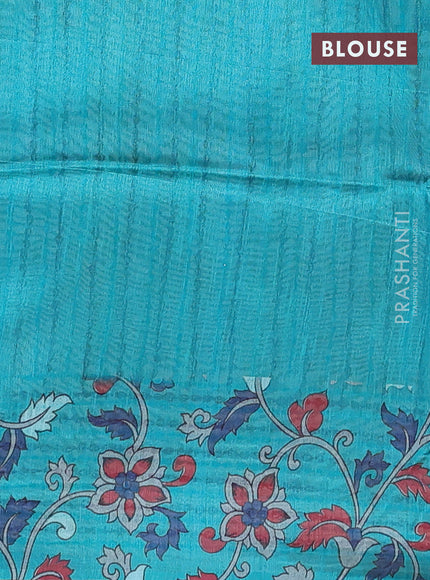 Semi tussar saree beige and teal blue with allover kalamkari prints and katha stitch work pallu & border