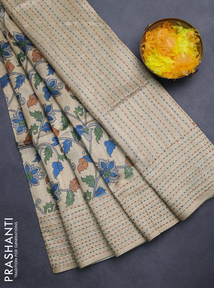 Semi tussar saree beige and brown with allover kalamkari prints and katha stitch work pallu & border