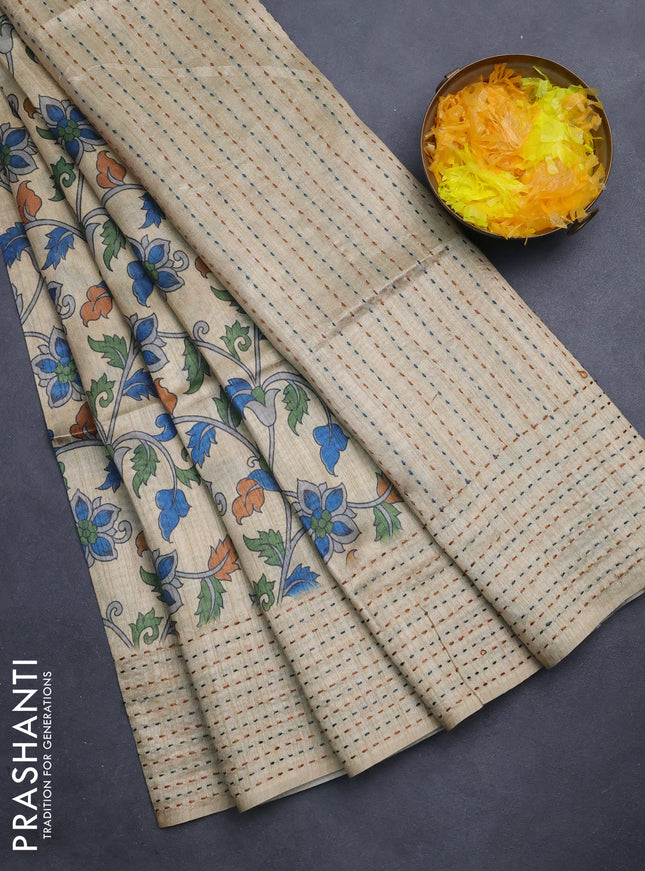 Semi tussar saree beige and brown with allover kalamkari prints and katha stitch work pallu & border