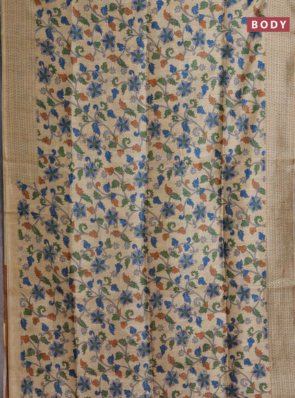 Semi tussar saree beige and brown with allover kalamkari prints and katha stitch work pallu & border