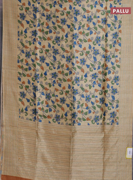 Semi tussar saree beige and brown with allover kalamkari prints and katha stitch work pallu & border
