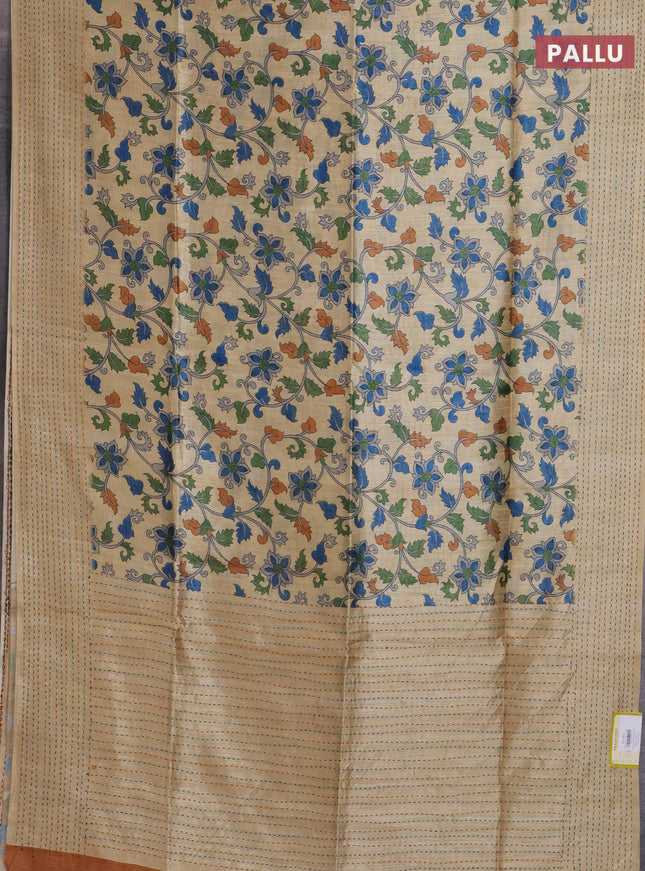 Semi tussar saree beige and brown with allover kalamkari prints and katha stitch work pallu & border