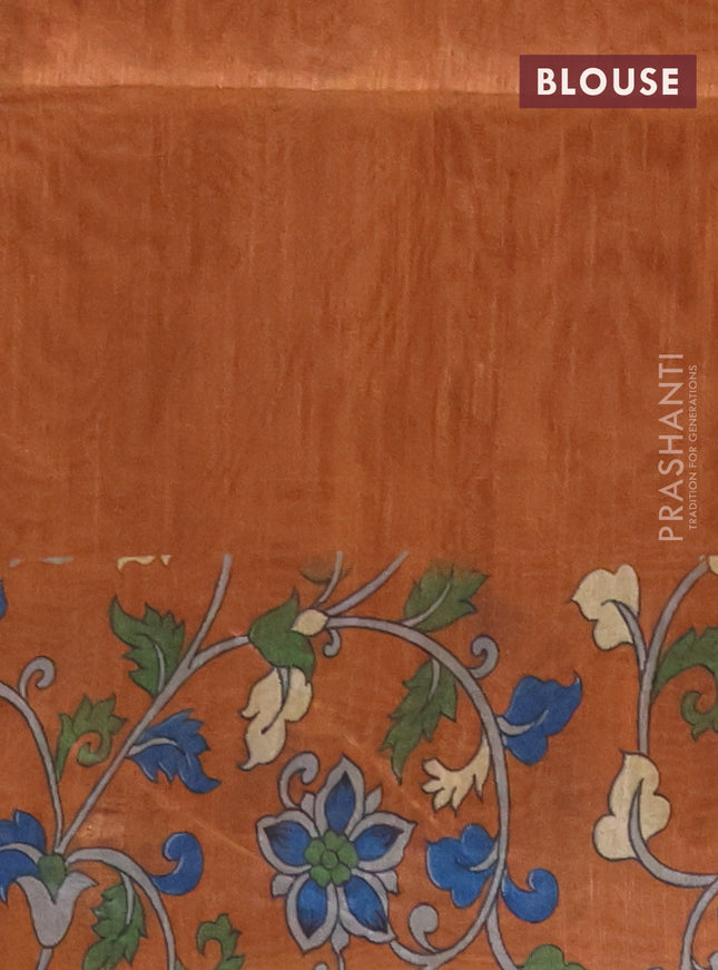 Semi tussar saree beige and brown with allover kalamkari prints and katha stitch work pallu & border