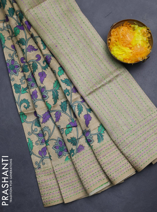 Semi tussar saree beige and green with allover kalamkari prints and katha stitch work pallu & border