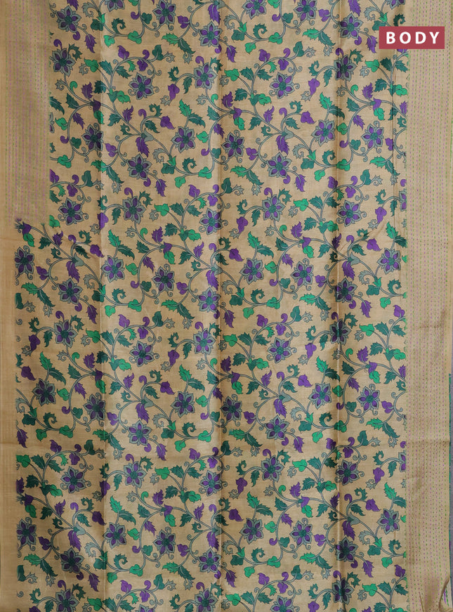 Semi tussar saree beige and green with allover kalamkari prints and katha stitch work pallu & border