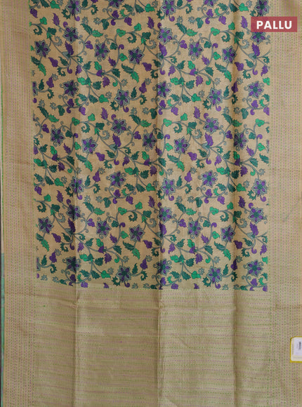 Semi tussar saree beige and green with allover kalamkari prints and katha stitch work pallu & border