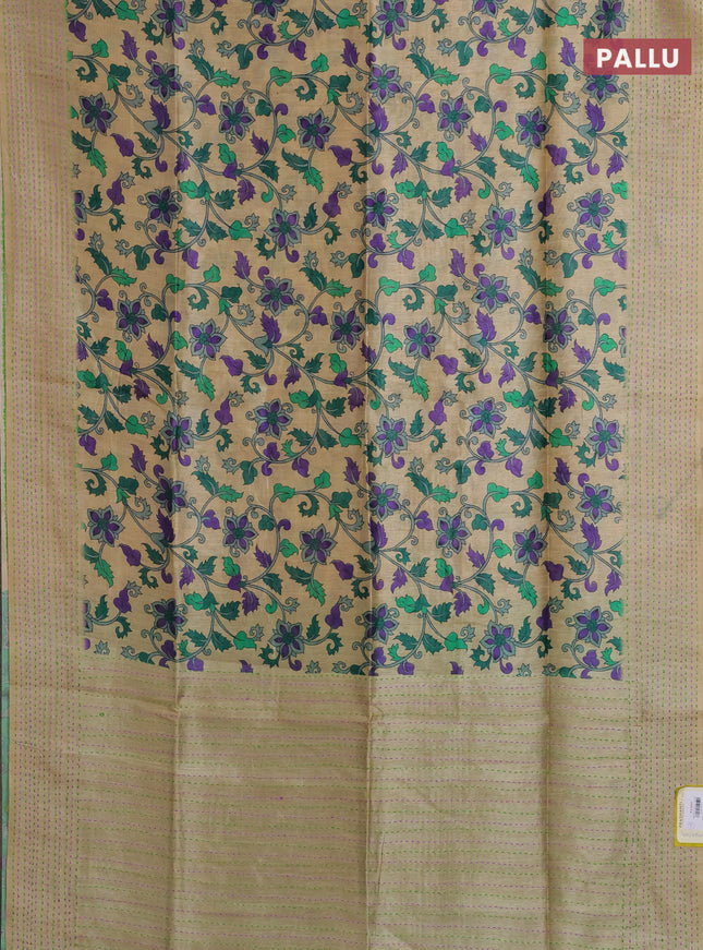 Semi tussar saree beige and green with allover kalamkari prints and katha stitch work pallu & border