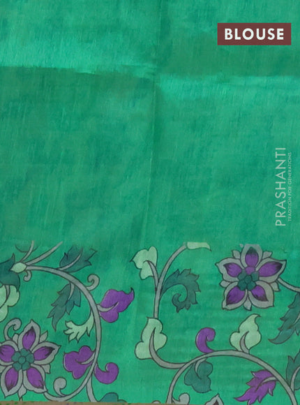 Semi tussar saree beige and green with allover kalamkari prints and katha stitch work pallu & border